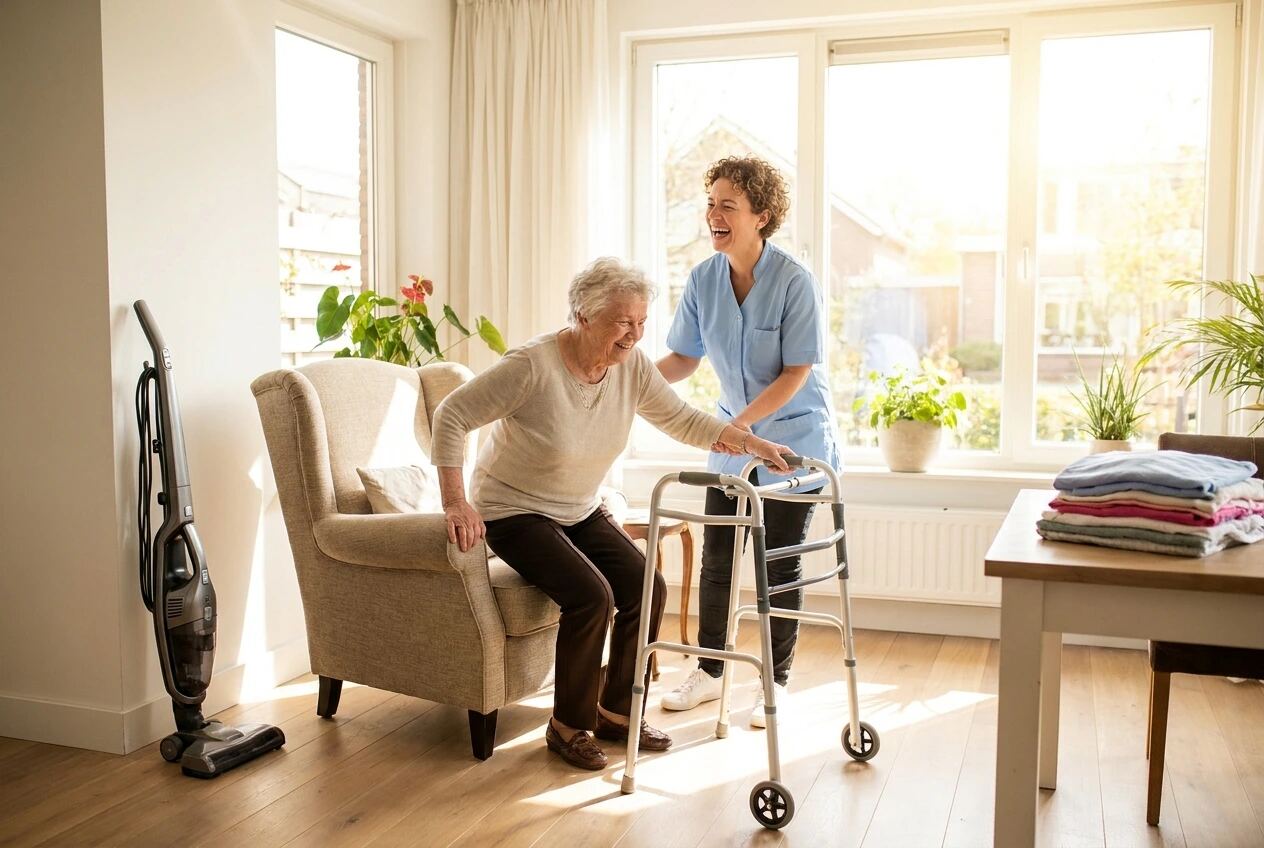 Pflegerin unterstützt Seniorin mit Rollator