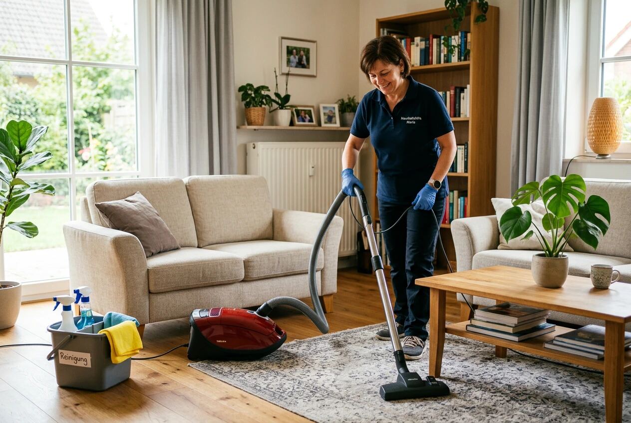 Haushaltshilfe beim Staubsaugen im Wohnzimmer