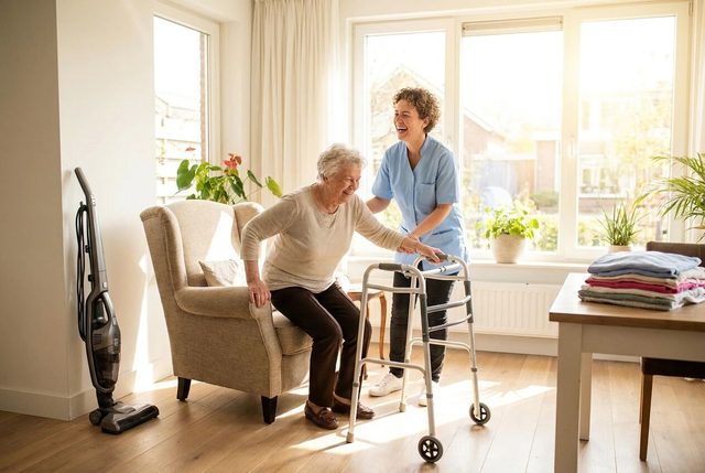 Pflegerin unterstützt Seniorin mit Rollator